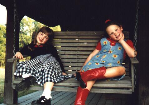 Hannah and Stephanie sitting on a porch swing.jpg - 1997 - Russell Howerton's Wedding, Advance, NC - Hannah & Stephanie